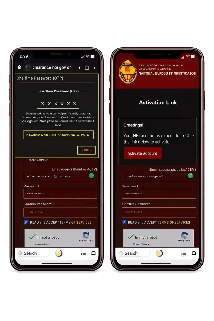 NBI OTP verification and email activation mobile screen images